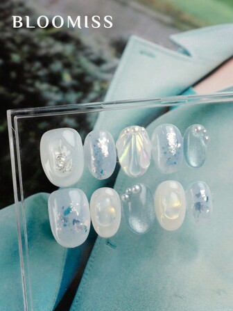 10 Pieces Of Handcrafted Press On Nails Short , Blue Nails , Shell Pattern, Summer Nails, Reusable Fake Nails Nail Supplies Nails
