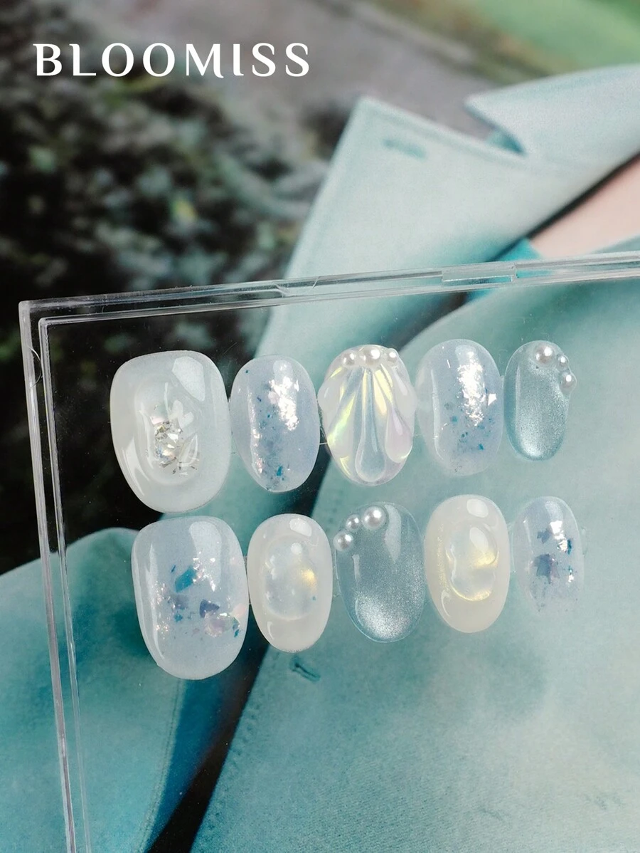 10 Pieces Of Handcrafted Press On Nails Short , Blue Nails , Shell Pattern, Summer Nails, Reusable Fake Nails Nail Supplies Nails