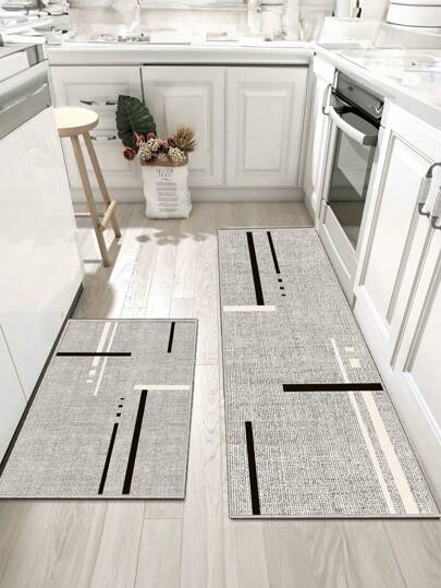 1 Piece Of Simple Light Gray Black Line Kitchen Floor Mat, Anti Slip And Stain Resistant, Suitable For Room Decor, Living Room, Bathroom, Bedroom Rug, Door Mat, Area Rug And Outdoor Carpet, Made Of Polyester Fiber Material, Easy To Clean And Machine Washable, Suitable For All Seasons And Holidays.