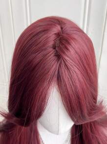 中刘海酒红色假发带刘海女士长红色假发 26 英寸卷发波浪发自然造型耐热纤维假发适合女孩万圣节派对使用 - 酒紅色 - 查看 7