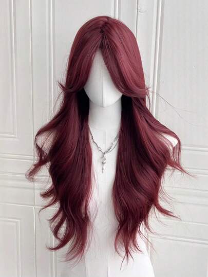 Middle Bangs Burgundy Wig With Bangs Long Red Wigs For Women 26 Inches Curly Wavy Hair Natural Looking Heat Resistant Fiber Wig For Girls Halloween Party Use