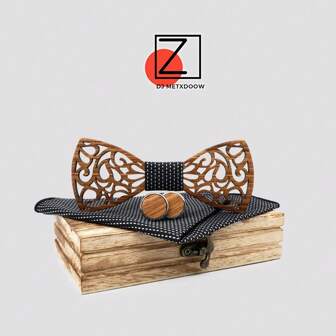 Fashion Wooden Bowknot And Handkerchief Set Men's Plaid Bowknot Wood Hollow Floral Wooden Bowtie Necktie And Box With Cufflinks Gift Box