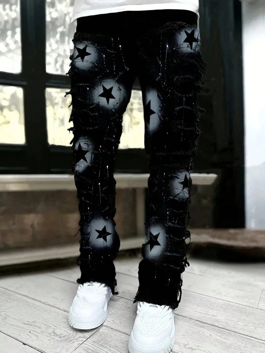 Men's Fashion Layered Fringe Star Painted Denim Jeans, Emo Style - Black - View 1