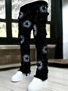 Men's Fashion Layered Fringe Star Painted Denim Jeans, Emo Style - Black - View 3