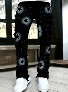 Men's Fashion Layered Fringe Star Painted Denim Jeans, Emo Style - Black - View 4