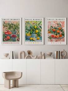 3PCS/SET Botanical And Fruit Prints, Pomegranate, Lemon And Peach, Fruit Market Wall Art Painting Canvas Painting, Kitchen And Dining Room Wall Decor, Unframed