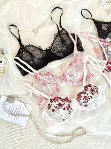 3-Sets Pure Desire Romantic Women And Ladies' Floral Lace Embroidery Mesh Bra & Panty Lingerie Set Naughty Outfits Valentines Day Gift For Her