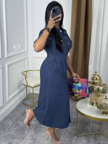 Elegant Women's Denim Dress Long With Sleeves, Button Closure & Pockets – Stylish Blue Casual Dress - 深色水洗藍 - 查看 4