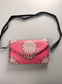 Retro Floral Pattern Women's Crossbody Bag, Handmade Sewing Horizontal Phone Pouch With Adjustable Shoulder Strap - Hot Pink - View 2