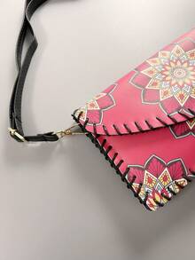 Retro Floral Pattern Women's Crossbody Bag, Handmade Sewing Horizontal Phone Pouch With Adjustable Shoulder Strap - Hot Pink - View 6