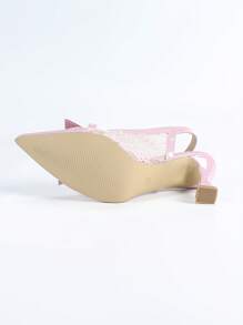 Women's Pointed Toe Thin Heels Shoes, Pink Bow Accent Mesh Lace Decor, Fashion Versatile Party High Heels - Pink - View 9