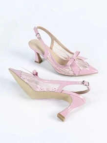 Women's Pointed Toe Thin Heels Shoes, Pink Bow Accent Mesh Lace Decor, Fashion Versatile Party High Heels - Pink - View 7