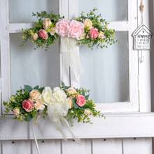 1pc Artificial Hanging Rose Peony Flower Wreath With Green Leaves, Decoration For Wedding Ceremony Arch, Front Door, Home Wall