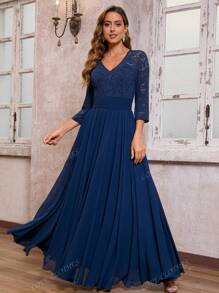 Women V-Neck Three-Quarter Sleeves Lace Formal Evening Gown, Chiffon Elegant Floor-Length Maxi Bridesmaid Dress, Wedding Guest Dress, Party Dress