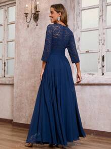 Women V-Neck Three-Quarter Sleeves Lace Formal Evening Gown, Chiffon Elegant Floor-Length Maxi Bridesmaid Dress, Wedding Guest Dress, Party Dress