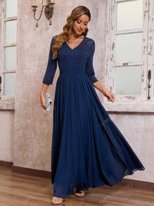 Women V-Neck Three-Quarter Sleeves Lace Formal Evening Gown, Chiffon Elegant Floor-Length Maxi Bridesmaid Dress, Wedding Guest Dress, Party Dress