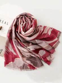 1 件多色荷叶印花时尚金属画风格流苏薄围巾，新款女士巴厘岛纱布棉麻趣味图案印花长围巾，休闲时尚旅行柔软舒适透气防晒沙滩巾 - 彩色 - 查看 17