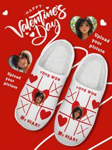 1 Pair Custom Valentine's Day Couple Photo Slippers, Personalized Fur Slippers With XOXO Love Design, Unique Romantic Gift For Him And Her , Cherish Your Love With Matching His And Hers Heart, Cozy Warm And Soft Slippers