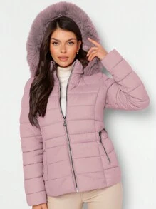 Shendy Vendy Chamarra Para Mujer Poliéster Cálido Con Cuello Tipo Piel - Rosa Pálido 2 - Ver 3