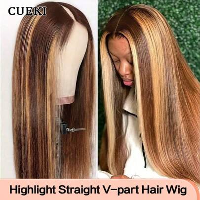 CUEKI 150% Density 4/27 Colored Glueless Wig Wear & Go Highlight V Part Straight Human Hair Fiber Mix Wig Honey Blonde No Leave Out No Glue Needed V Shape Machine Made Wig