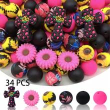 34/86 piezas Set de cuentas de silicona multicolor con formas de margarita, girasol y cruz, manualidades de joyería DIY para hacer llaveros, pulseras, collares, bolígrafos con cuentas