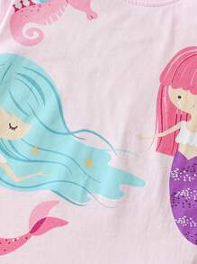 Girls 2pcs Summer Set Cartoon Mermaid Print Short Sleeve Top And Long Pants, Suitable For Daily Wear - Pink - View 6