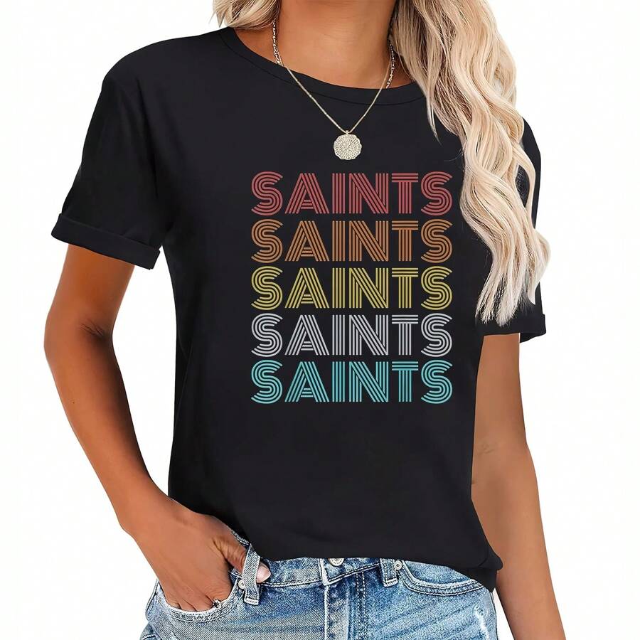 Retro Vintage Saints T-Shirt Print Round Neck Short Sleeve T-Shirt For Women Casual, Summer , Women Top Graphic Tees - Black - View 1