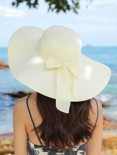 1pc Bow Ribbon Floppy Beach Hat For Women, Large Brim Sun Hat, Vacation Resort Style, Suitable For Outdoor & Summer