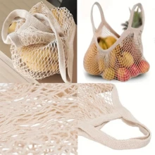 1pc/2pcs Reusable Mesh Net Grocery Tote Bag, Rope Bag, Foldable Shopping Mesh Bag For Supermarket, Vegetables, Fruits, Portable Storage Net Pouch - Beige - View 8