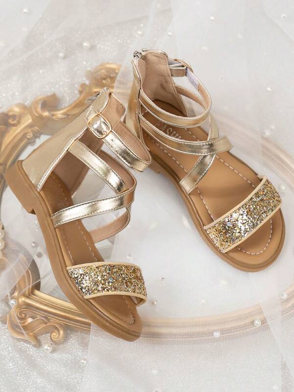 Gold Sequined Roman Sandals For Girls, Flat, Mid-Top, Comfortable And Stylish, Outdoor Wear, Heel Zipper, Suitable For Spring And Summer