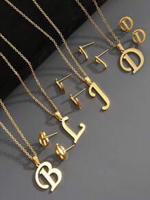 3 Stücke Frauen minimalistisches 18K Goldplattiertes Edelstahl Buchstabe Ohrringe & Halsketten Schmuckset