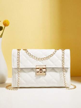 1pc Women's Fashion Chain Strap Shoulder Bag, Black Rhombus Pattern Crossbody Bag, Christmas & Valentine's Day Gift