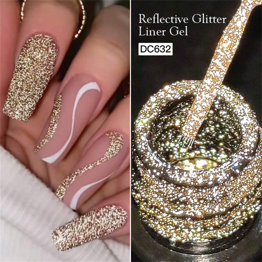 Mtssii Reflective Glitter Nail Polish, Champagne Gold Spider Line UV Gel, Ultra Shiny French Line Graffiti Stripe DIY French Manicure Design Color Painting Gel Removable Nail Polish For Home And Salon Gift - 香檳色 - 查看 1