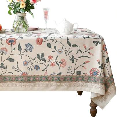 1pc Farmhouse Floral Print Rectangle Tablecloth, Colorful Floral Linen Dining Table Cover, Suitable For Living Room, Kitchen, Dining Room Decor, Party, Picnic, Banquet Decoration, Home Decor