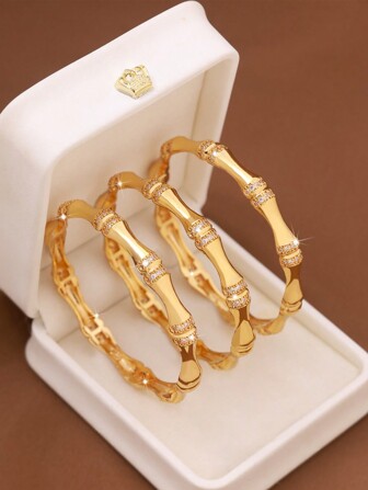 1/2/3 Pieces Fashion Classic Shiny Cubic Zirconia Decoration Bamboo Knot Design Bracelet With A Diameter Of 60mm, Can Refer To The Detailed Picture For Adjustment, Suitable For Women's Daily Wear, Excluding Box