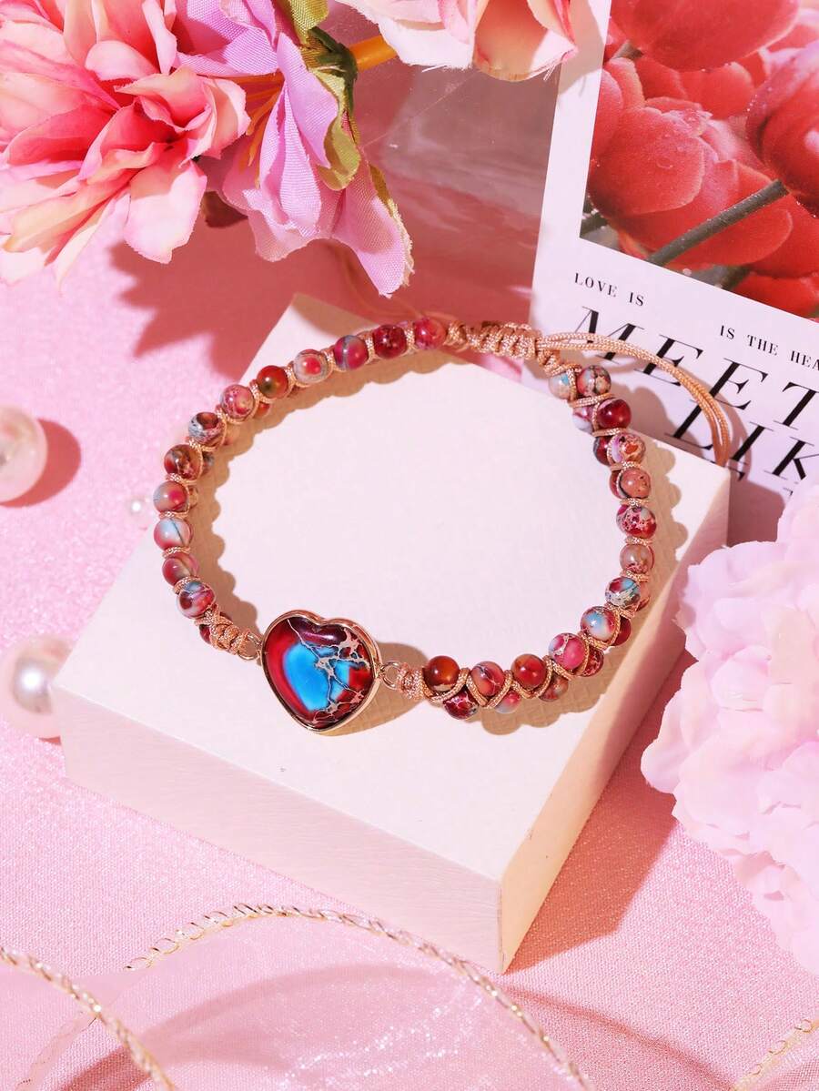 1pc Women's Handmade Adjustable Double-Layer Heart-Shaped Imperial Stone Bracelet, Suitable As Holiday Gift For Girlfriend - Multicolor - View 1