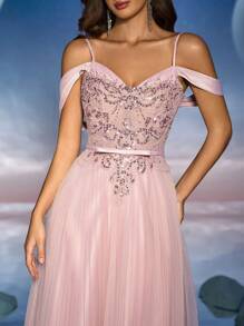 Anymoon Lace 3D Applique Ruched Hem Long Evening Gown, Party Dress, Wedding Guest Dress, Formal Dress, Evening Dress - Pink - View 11