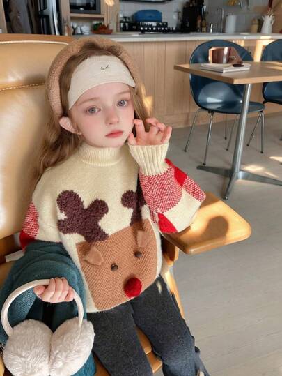Young Girl Cartoon Deer Pattern Detail Long Sleeve Stand Collar Minimalist Casual Sweater