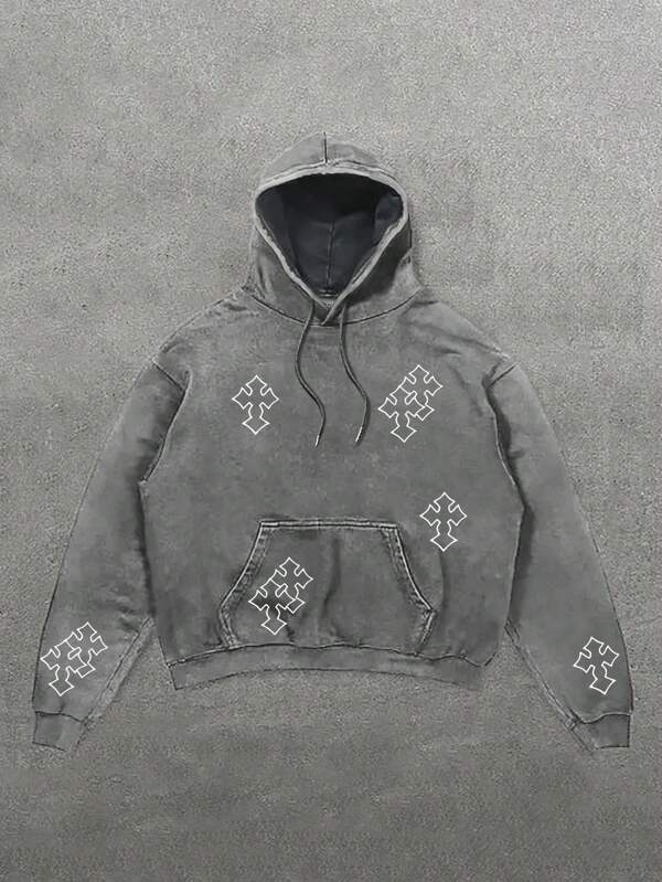Men Vintage Street Graphic Print Drawstring Hoodie, Regular Fit Casual Comfortable Pocket Pullover Sweatshirt, Suitable For Daily Wear