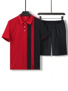 Men's Colorblock Short Sleeve Polo Shirt Set, Minimalist & Fashionable, Suitable For Summer