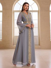 YISIKADO Women's Arab Style Chiffon Sequined Belted Long Sleeve Formal Dress, Party Dress, Wedding Guest Dress, Evening Dress,Gown - 灰色 - 查看 3