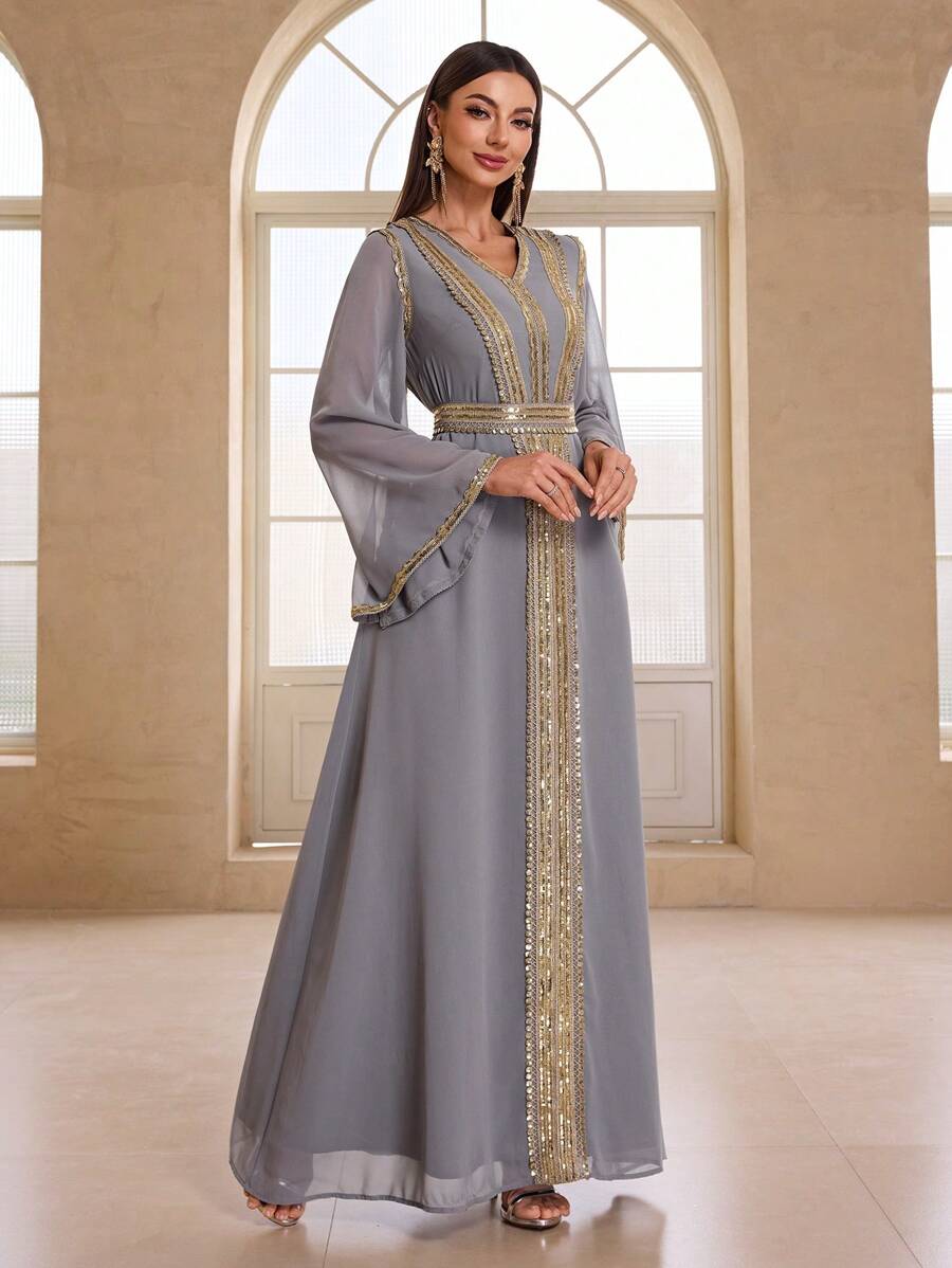 YISIKADO Women's Arab Style Chiffon Sequined Belted Long Sleeve Formal Dress, Party Dress, Wedding Guest Dress, Evening Dress,Gown Spring - 灰色 - 查看 1