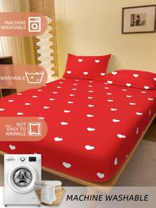 1件柔软舒适的床垫保护套，情人节礼物，卡通爱心和几何图案床单套装，可爱爱心设计床上用品套装，家居装饰，适用于单人床、双人床、大号床、特大号床，可机洗，通过Oeko-Tex认证 - 紅底白心 - 查看 6