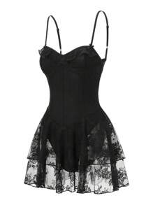 Women Summer Mini Cami Dress Sleeveless Backless Lace Floral Tiered Ruffle Hem Party Dress - màu đen - Xem 1