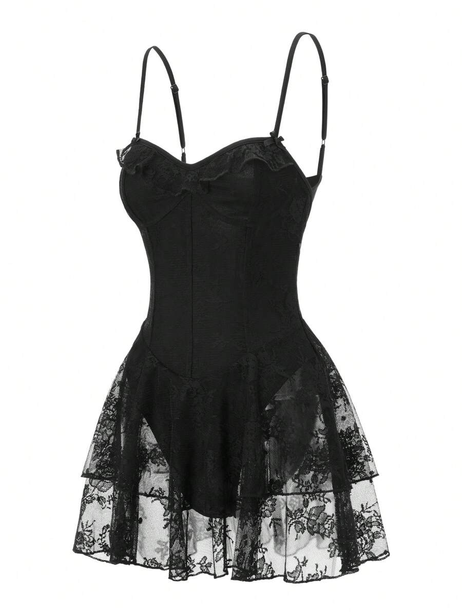Women Summer Mini Cami Dress Sleeveless Backless Lace Floral Tiered Ruffle Hem Party Dress - màu đen - Xem 1