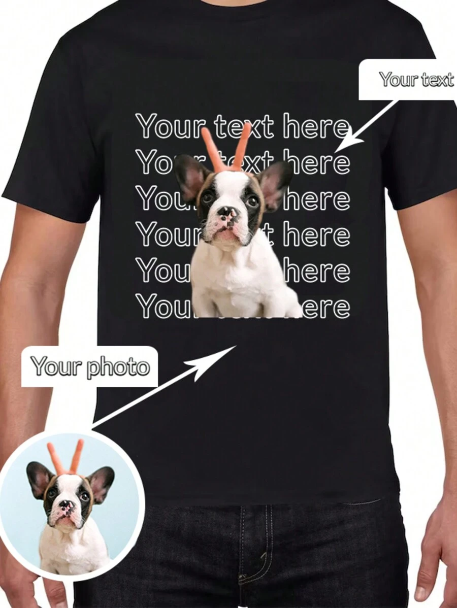 定制个性化男士休闲宽松圆领 T 恤 - 添加您自己的图像（家庭照片/自拍/宠物照片/朋友照片/情人照片/女朋友照片/礼物/情侣徽标/丈夫或男朋友的可定制 T 恤）和您的文字来设计您的个性化印花 T 恤