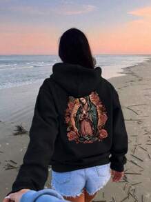 休闲圣母玛利亚印花羊毛连帽衫，抽绳连帽口袋时尚宽松秋冬羊毛运动衫，长袖上衣