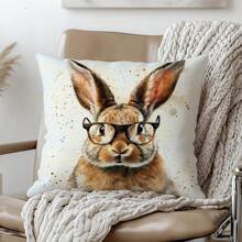 1pc Vintage Glasses Rabbit Pattern Decorative Pillow Cover, Single-Sided Peach Velvet Fabric, 45*45cm/50*50cm Cushion Cover For Modern Sofa, Living Room Decor, Gift