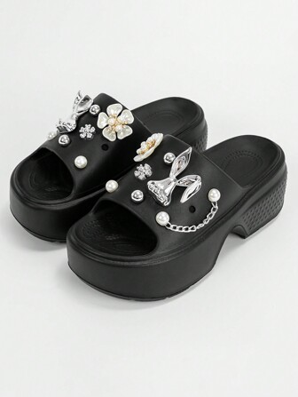 Women's Summer Outdoor Fashionable Cartoon Rabbit Ear Thick Sole Sandals With Pearl Flower Decor, Anti-Slip & Anti-Odor Beach Slippers