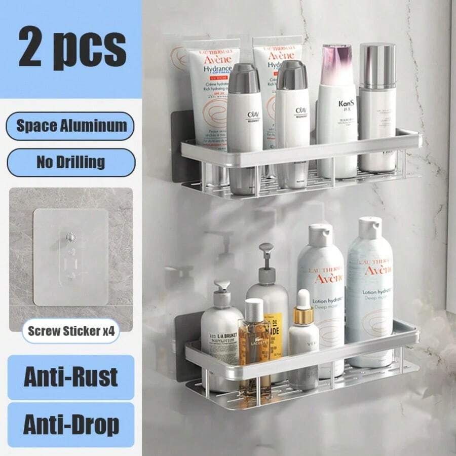 Étagère de salle de bain, rangement de maquillage, support de shampoing en alliage d'aluminium, étagère de douche, accessoires de salle de bain, étagère murale sans perçage - Argent 2Square - Voir 1